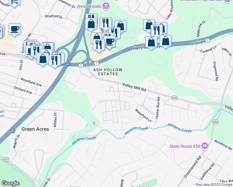 map of restaurants, bars, coffee shops, grocery stores, and more near 115 Brookland Terrace in Winchester