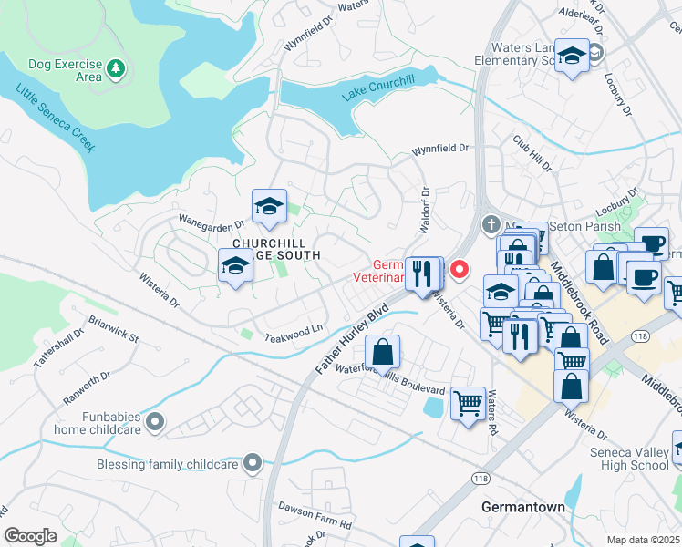 map of restaurants, bars, coffee shops, grocery stores, and more near 13415 Wisteria Drive in Germantown
