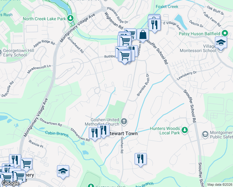 map of restaurants, bars, coffee shops, grocery stores, and more near 9201 Frostburg Way in Gaithersburg