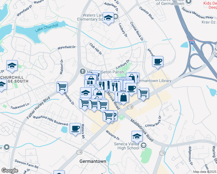 map of restaurants, bars, coffee shops, grocery stores, and more near 13003 Middlebrook Road in Germantown