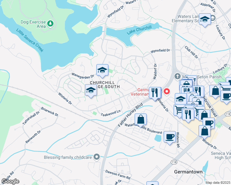 map of restaurants, bars, coffee shops, grocery stores, and more near 13503 Wisteria Drive in Germantown