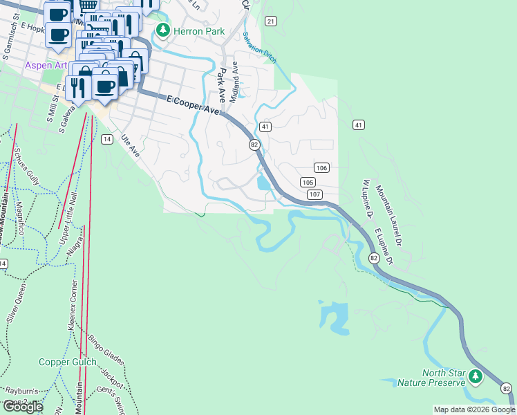 map of restaurants, bars, coffee shops, grocery stores, and more near 1439 Crystal Lake Road in Aspen