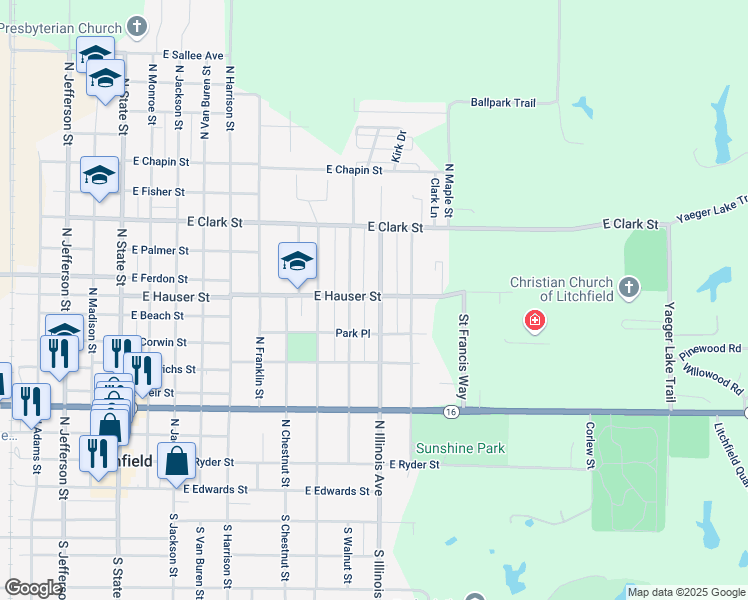 map of restaurants, bars, coffee shops, grocery stores, and more near 915 North Illinois Avenue in Litchfield