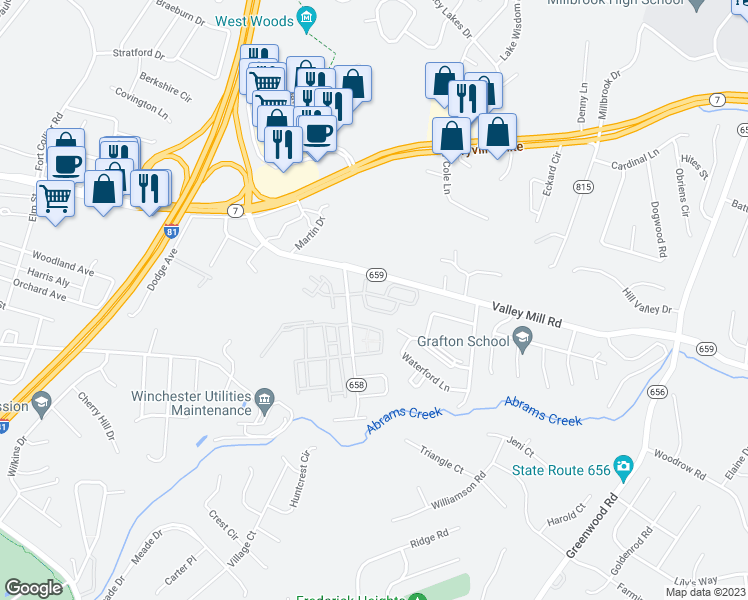 map of restaurants, bars, coffee shops, grocery stores, and more near 136 Brookland Court in Winchester
