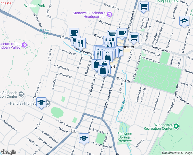 map of restaurants, bars, coffee shops, grocery stores, and more near in Winchester