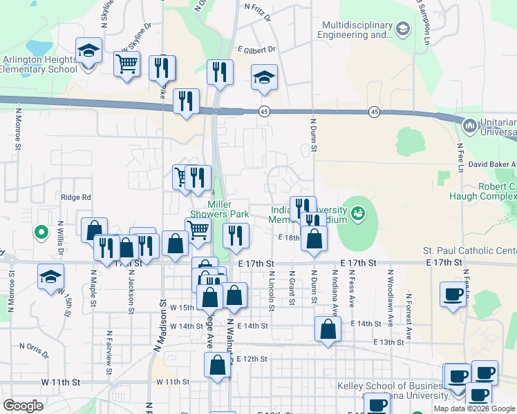 map of restaurants, bars, coffee shops, grocery stores, and more near in Bloomington