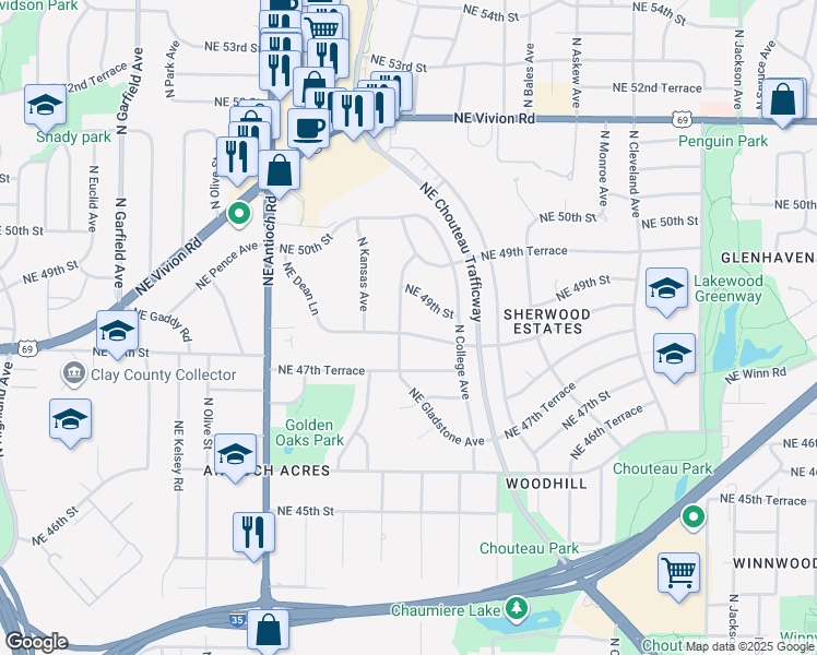map of restaurants, bars, coffee shops, grocery stores, and more near 4831 Northeast Gladstone Avenue in Kansas City