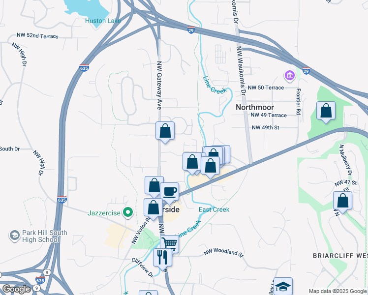map of restaurants, bars, coffee shops, grocery stores, and more near 4833 Northwest Homestead Road in Riverside