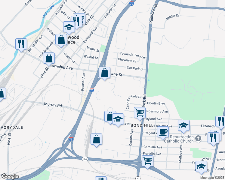map of restaurants, bars, coffee shops, grocery stores, and more near 5158 Fishwick Drive in Cincinnati