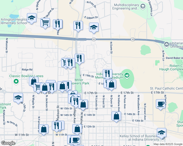 map of restaurants, bars, coffee shops, grocery stores, and more near 202 East 20th Street in Bloomington