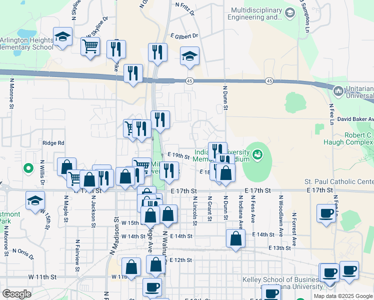 map of restaurants, bars, coffee shops, grocery stores, and more near 206 East 20th Street in Bloomington