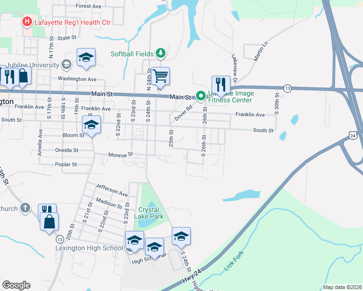 map of restaurants, bars, coffee shops, grocery stores, and more near 2509 Hillside Drive in Lexington