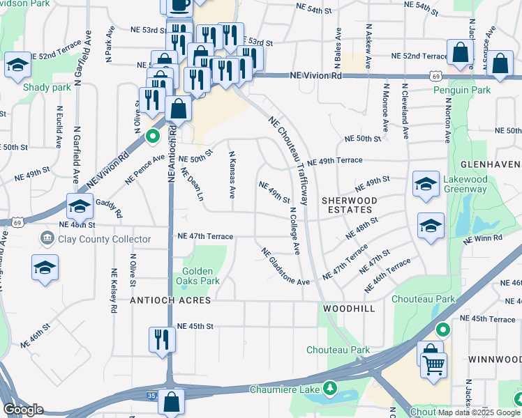 map of restaurants, bars, coffee shops, grocery stores, and more near 4831 Northeast Gladstone Avenue in Kansas City