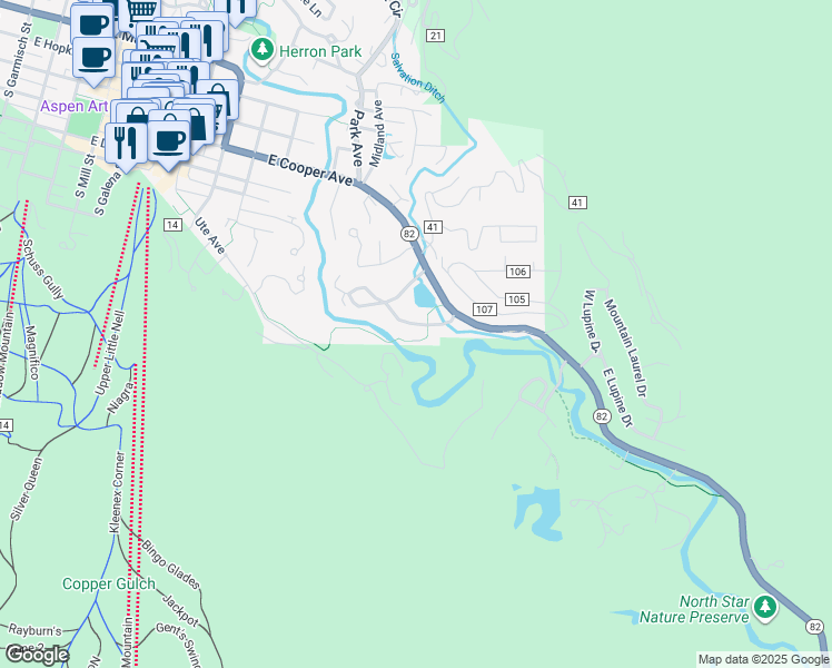 map of restaurants, bars, coffee shops, grocery stores, and more near 1439 Crystal Lake Road in Aspen
