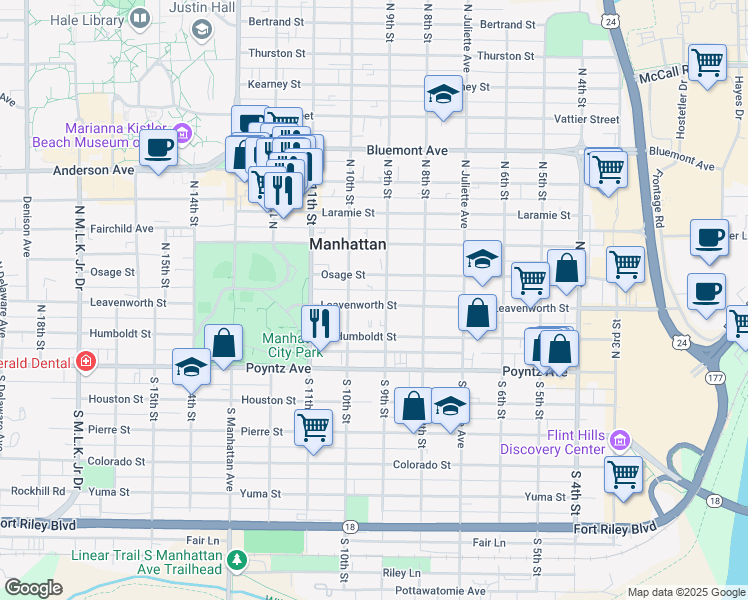 map of restaurants, bars, coffee shops, grocery stores, and more near 908 Leavenworth Street in Manhattan