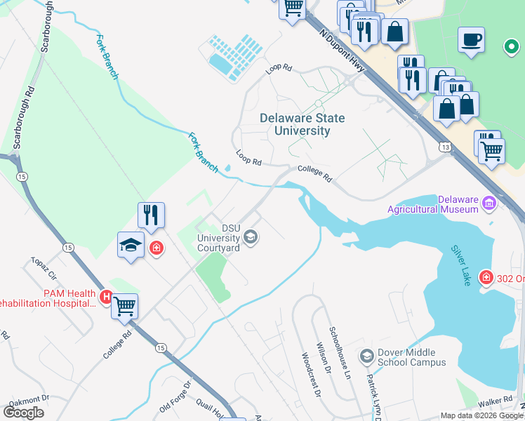 map of restaurants, bars, coffee shops, grocery stores, and more near 402 College Road in Dover