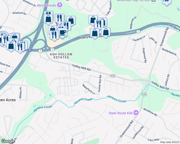 map of restaurants, bars, coffee shops, grocery stores, and more near 354 Valley Mill Road in Winchester