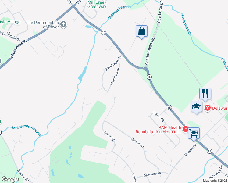map of restaurants, bars, coffee shops, grocery stores, and more near 263 Troon Road in Dover