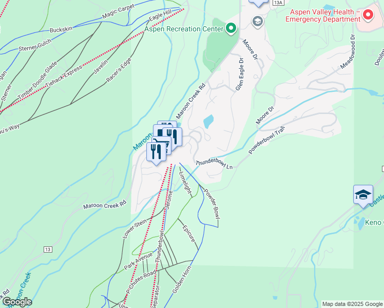 map of restaurants, bars, coffee shops, grocery stores, and more near 117 Thunderbowl Lane in Aspen