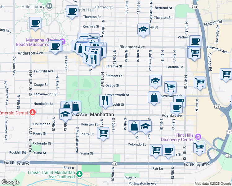 map of restaurants, bars, coffee shops, grocery stores, and more near 928 Leavenworth Street in Manhattan