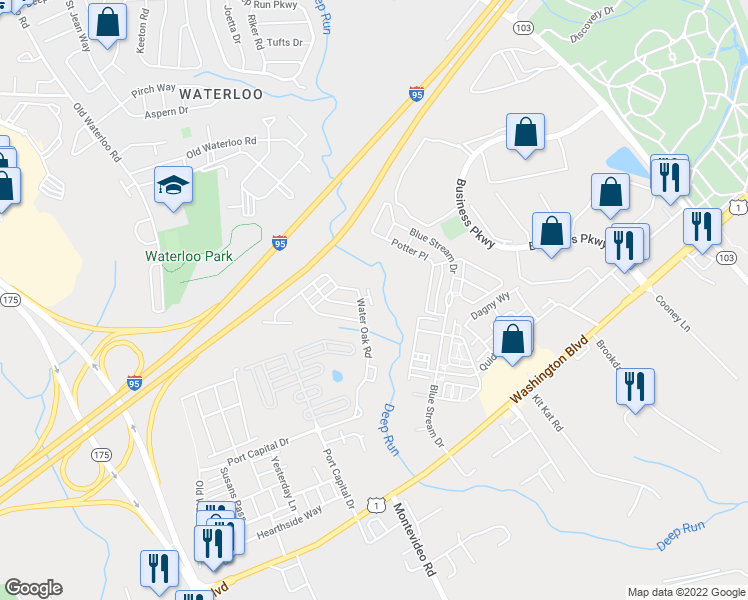 map of restaurants, bars, coffee shops, grocery stores, and more near 7702 Spreading Oak Lane in Elkridge