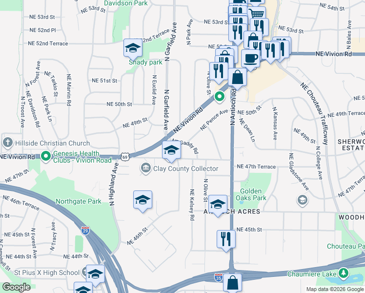 map of restaurants, bars, coffee shops, grocery stores, and more near 2128 Northeast 48th Street in Kansas City