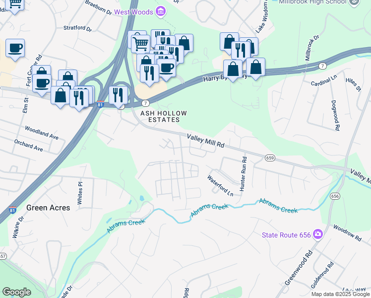 map of restaurants, bars, coffee shops, grocery stores, and more near 102 Windstone Drive in Winchester