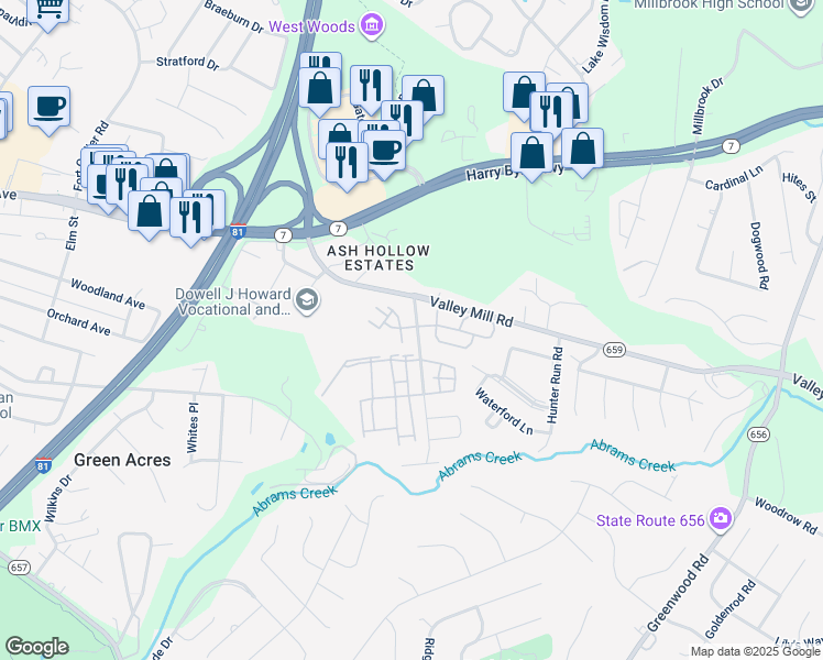 map of restaurants, bars, coffee shops, grocery stores, and more near 102 Windstone Drive in Winchester