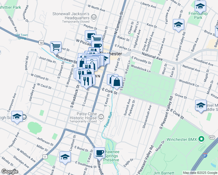 map of restaurants, bars, coffee shops, grocery stores, and more near 130 East Cork Street in Winchester