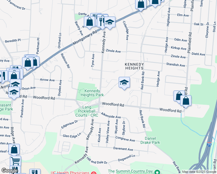 map of restaurants, bars, coffee shops, grocery stores, and more near 3646 Woodford Road in Cincinnati