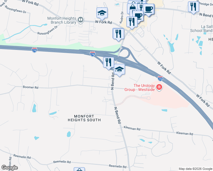 map of restaurants, bars, coffee shops, grocery stores, and more near 3673 Boomer Road in Cincinnati