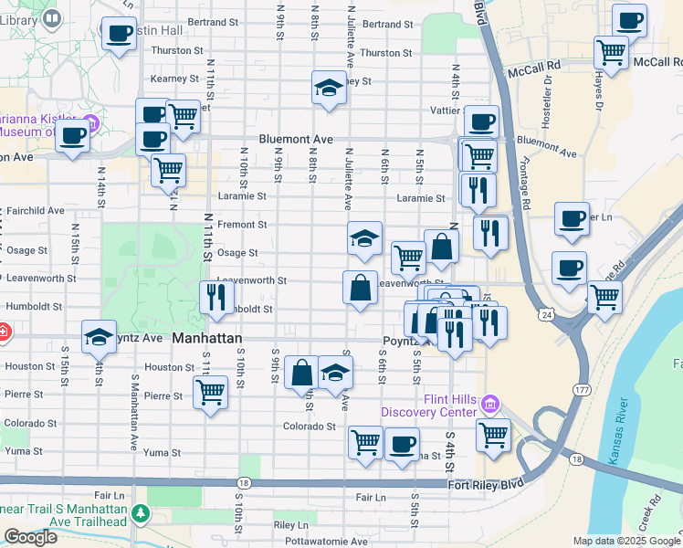 map of restaurants, bars, coffee shops, grocery stores, and more near 221 North Juliette Avenue in Manhattan