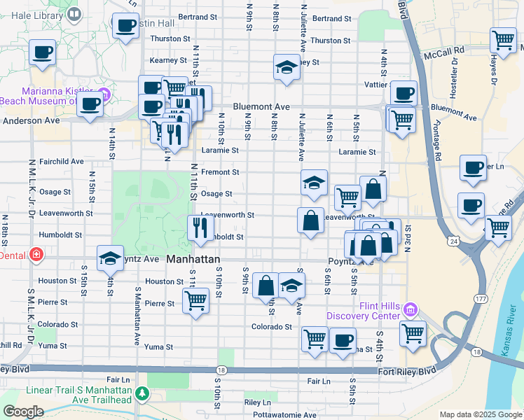 map of restaurants, bars, coffee shops, grocery stores, and more near 801 Leavenworth Street in Manhattan