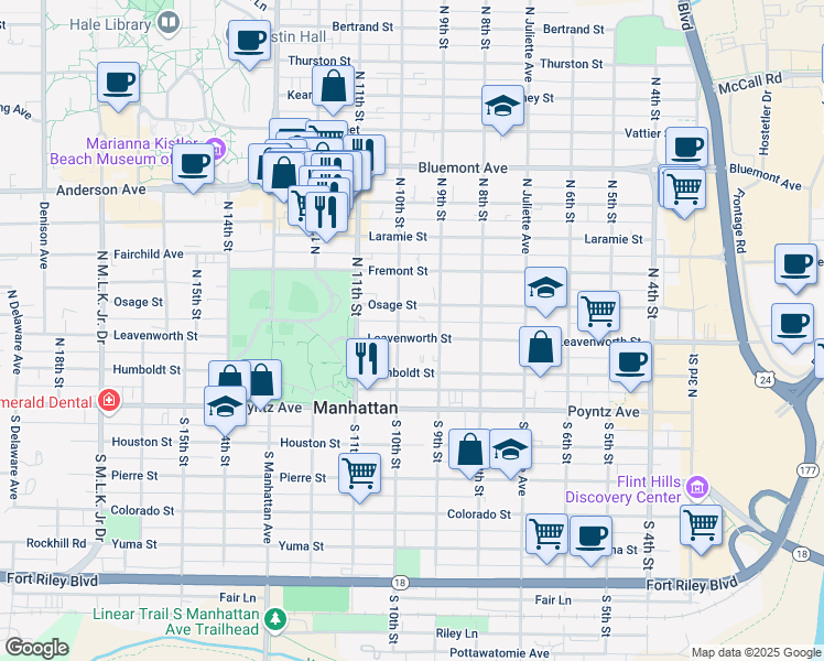 map of restaurants, bars, coffee shops, grocery stores, and more near 931 Leavenworth Street in Manhattan