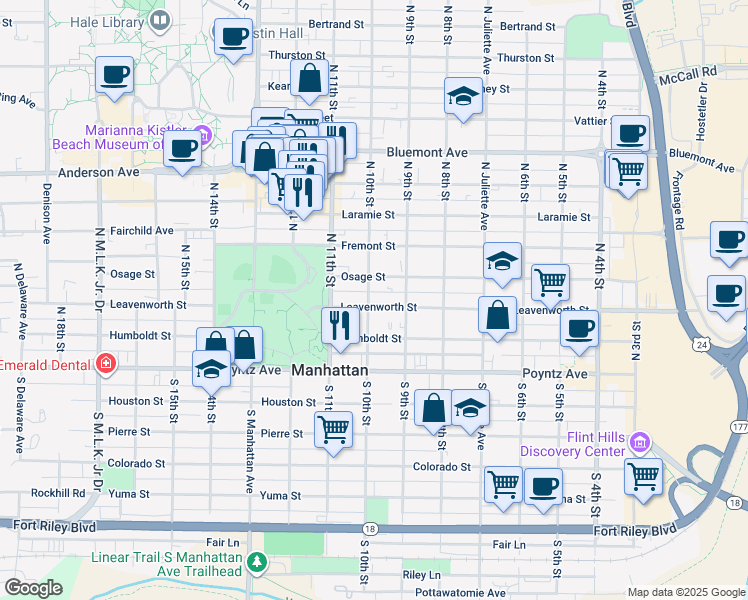 map of restaurants, bars, coffee shops, grocery stores, and more near 931 Leavenworth Street in Manhattan