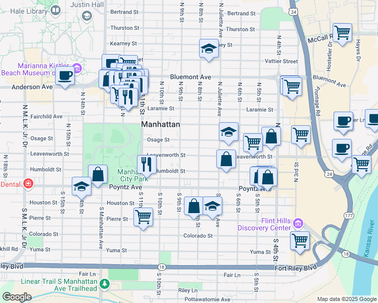 map of restaurants, bars, coffee shops, grocery stores, and more near 816 Leavenworth Street in Manhattan