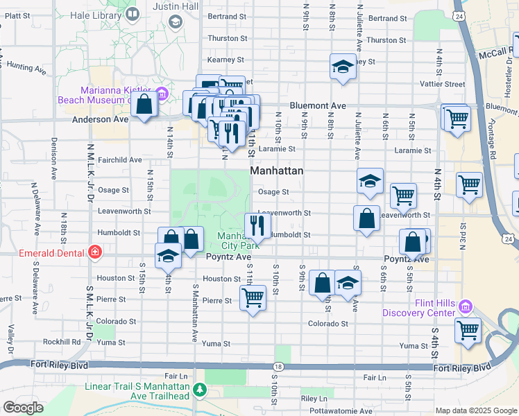 map of restaurants, bars, coffee shops, grocery stores, and more near 1020 Leavenworth Street in Manhattan