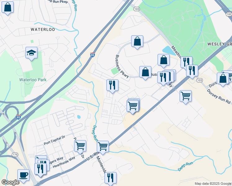 map of restaurants, bars, coffee shops, grocery stores, and more near 7964 Blue Stream Drive in Elkridge