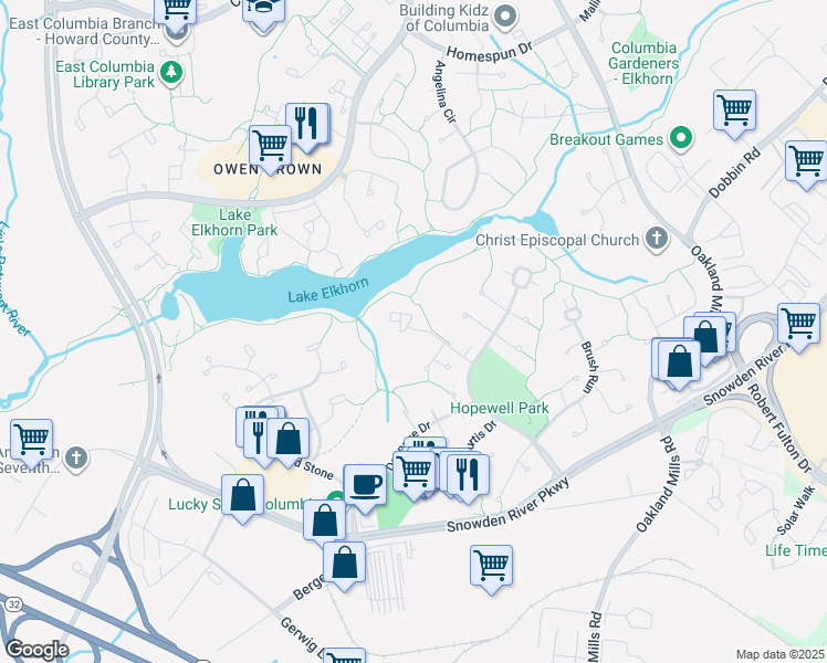 map of restaurants, bars, coffee shops, grocery stores, and more near 9499 Hickory Limb in Columbia