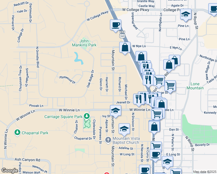 map of restaurants, bars, coffee shops, grocery stores, and more near 2301 Harriett Drive in Carson City