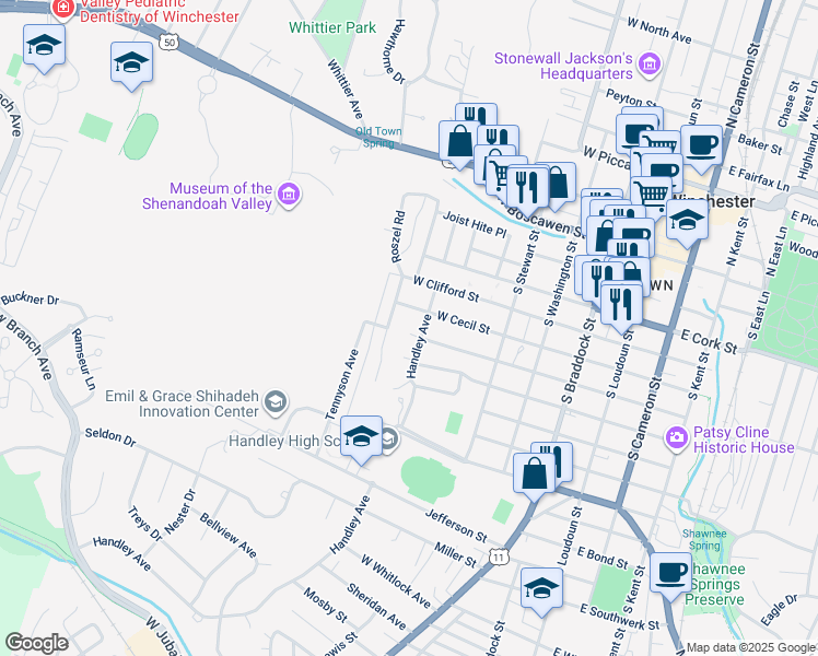map of restaurants, bars, coffee shops, grocery stores, and more near 502 East Leicester Street in Winchester