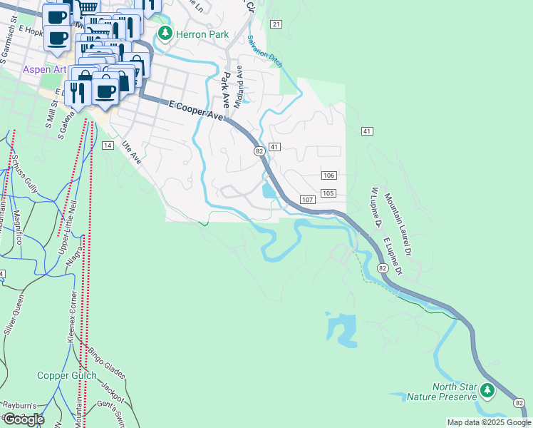 map of restaurants, bars, coffee shops, grocery stores, and more near 1445 Crystal Lake Road in Aspen