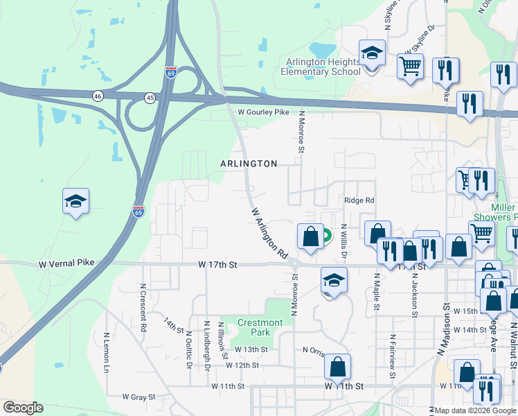 map of restaurants, bars, coffee shops, grocery stores, and more near 1516 West Arlington Road in Bloomington