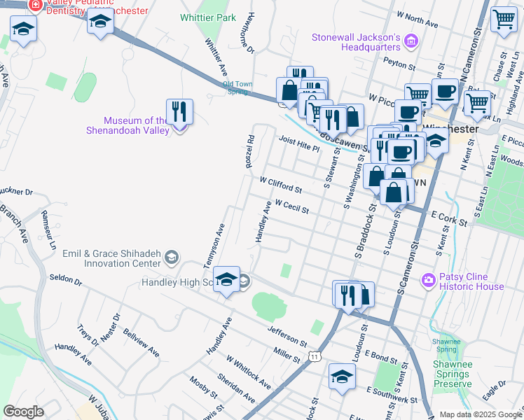 map of restaurants, bars, coffee shops, grocery stores, and more near 439 Handley Avenue in Winchester