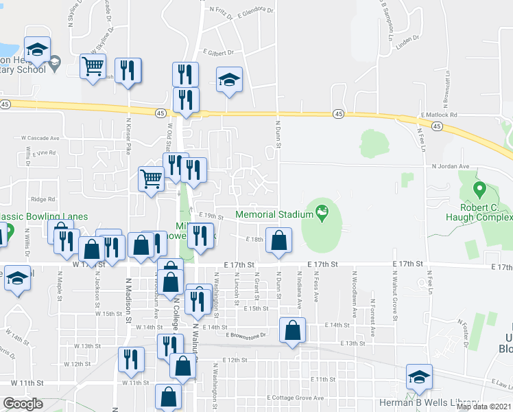 map of restaurants, bars, coffee shops, grocery stores, and more near 419 East 20th Street in Bloomington