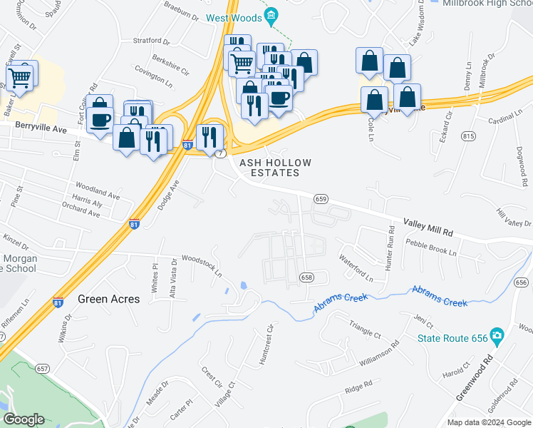 map of restaurants, bars, coffee shops, grocery stores, and more near 127 Brookland Terrace in Winchester