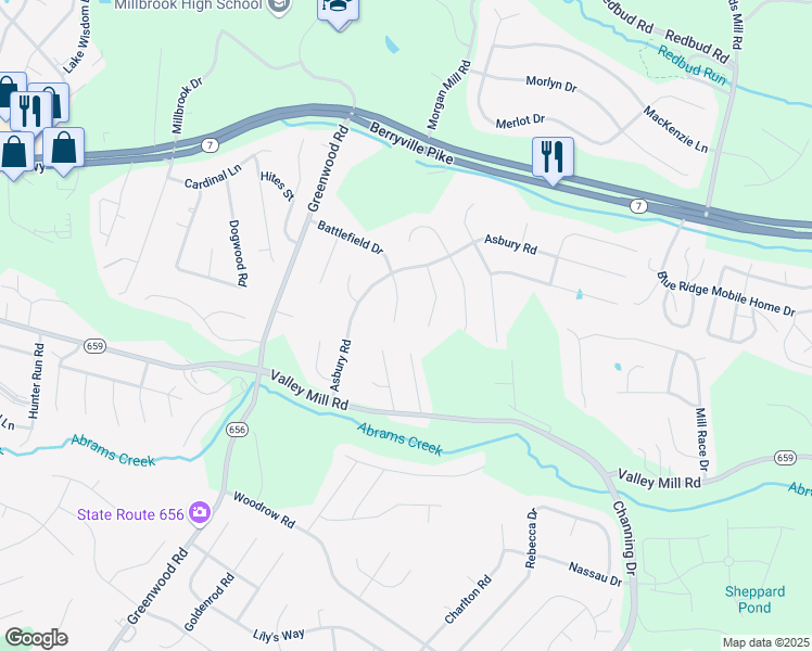 map of restaurants, bars, coffee shops, grocery stores, and more near 118 Rebels Circle in Winchester