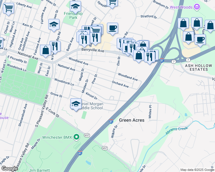 map of restaurants, bars, coffee shops, grocery stores, and more near 950 Franklin Street in Winchester