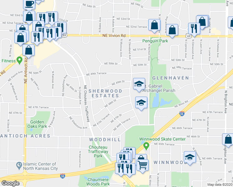 map of restaurants, bars, coffee shops, grocery stores, and more near 3605 Northeast 48th Terrace in Kansas City