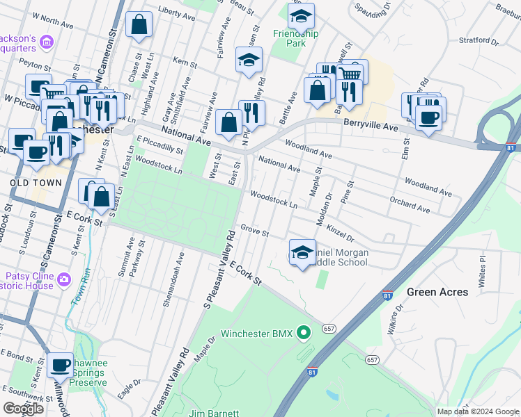 map of restaurants, bars, coffee shops, grocery stores, and more near 112 North Euclid Avenue in Winchester